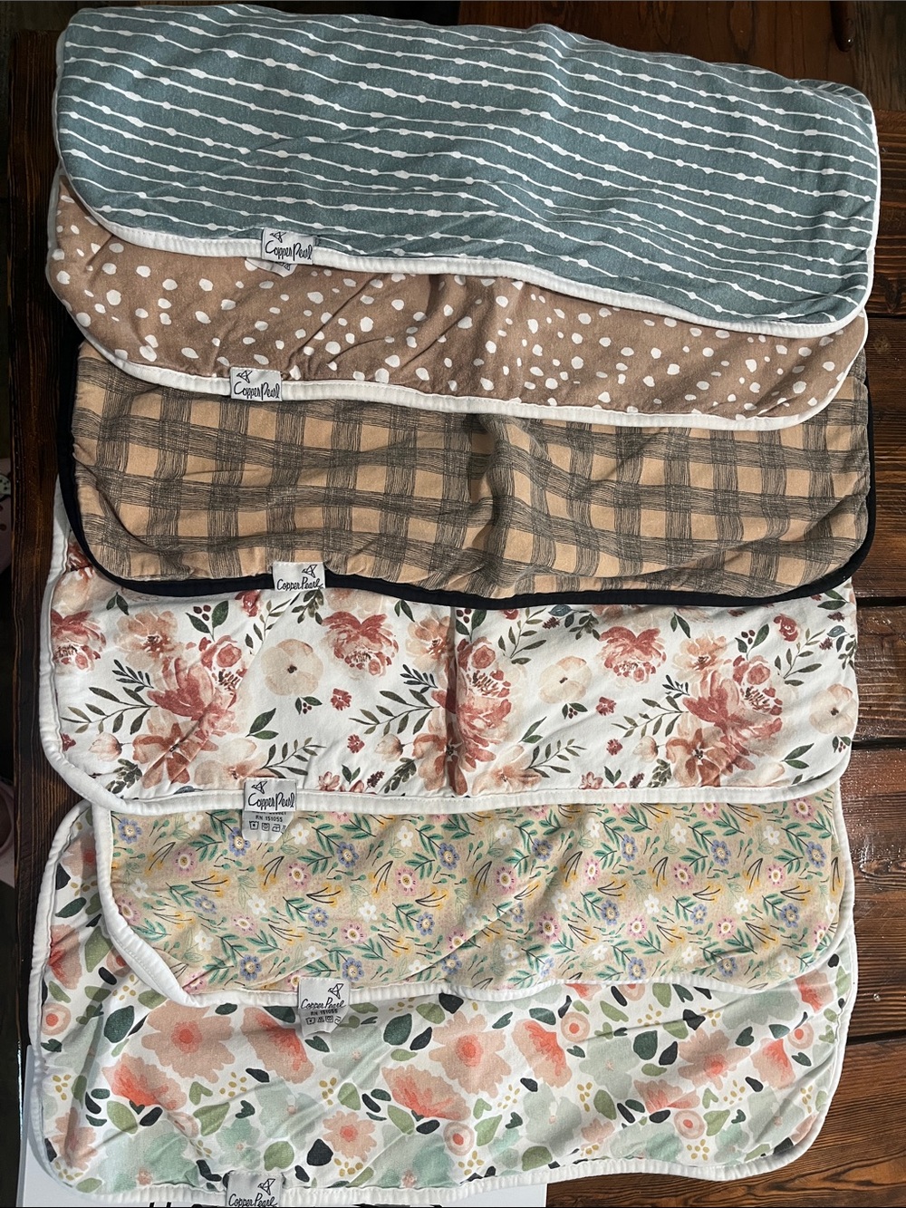 Copper Pearl burp cloths